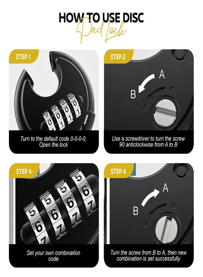 MIORAH Combination Disc Padlock - Heavy Duty Keyless Number Lock with 4-Digit Code Stainless Steel Shackle | Anti-Cut Security Lock for Gate, Garage, Locker, Outdoor Use (Black) - Image 4